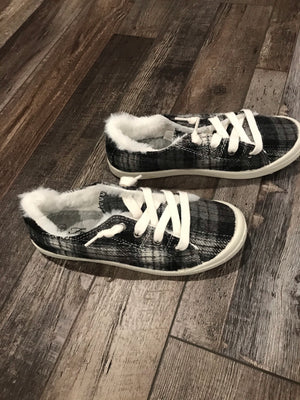 Keep Me Cozy Black & White Plaid Fur Slip on Sneakers