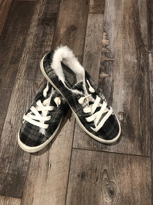 Keep Me Cozy Black & White Plaid Fur Slip on Sneakers