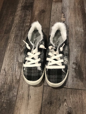 Keep Me Cozy Black & White Plaid Fur Slip on Sneakers