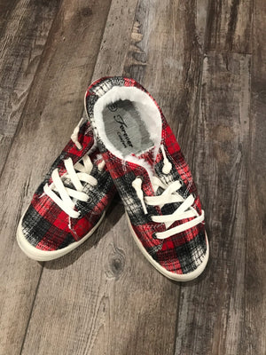 Keep Me Cozy Red & Black Plaid Fur Slip on Sneakers