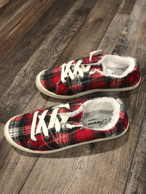 Keep Me Cozy Red & Black Plaid Fur Slip on Sneakers