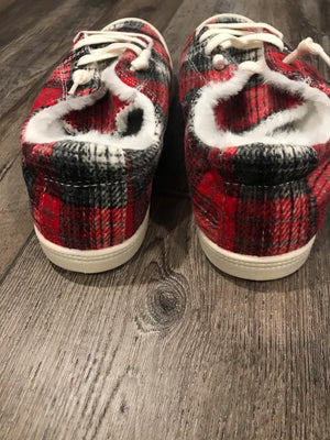 Keep Me Cozy Red & Black Plaid Fur Slip on Sneakers