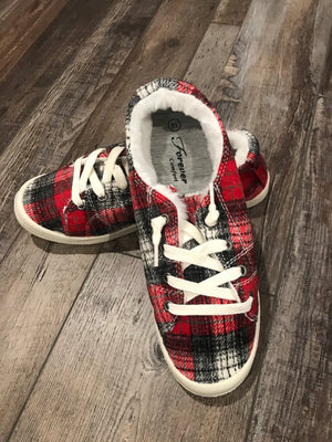 Keep Me Cozy Red & Black Plaid Fur Slip on Sneakers