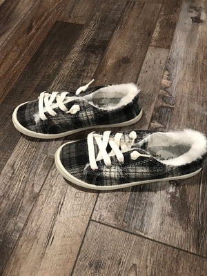 Keep Me Cozy Black & White Plaid Fur Slip on Sneakers