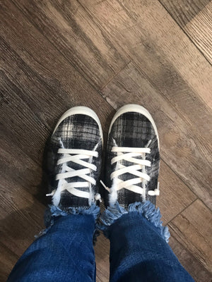 Keep Me Cozy Black & White Plaid Fur Slip on Sneakers