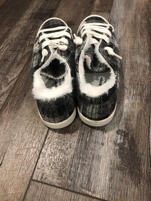 Keep Me Cozy Black & White Plaid Fur Slip on Sneakers