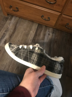 Keep Me Cozy Black & White Plaid Fur Slip on Sneakers